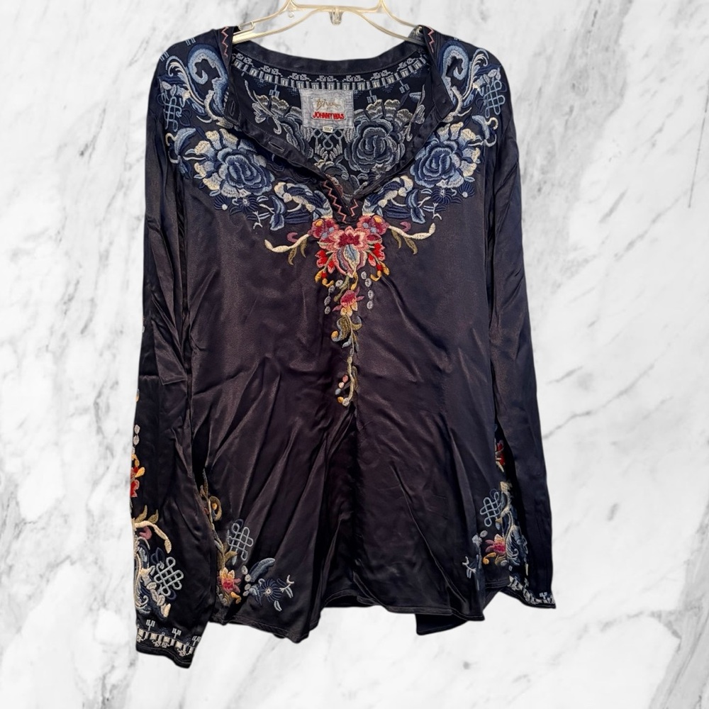 Johnny Was Small Embroidered Blouse with Blue Cream and Pink Accents - Picture 2 of 9